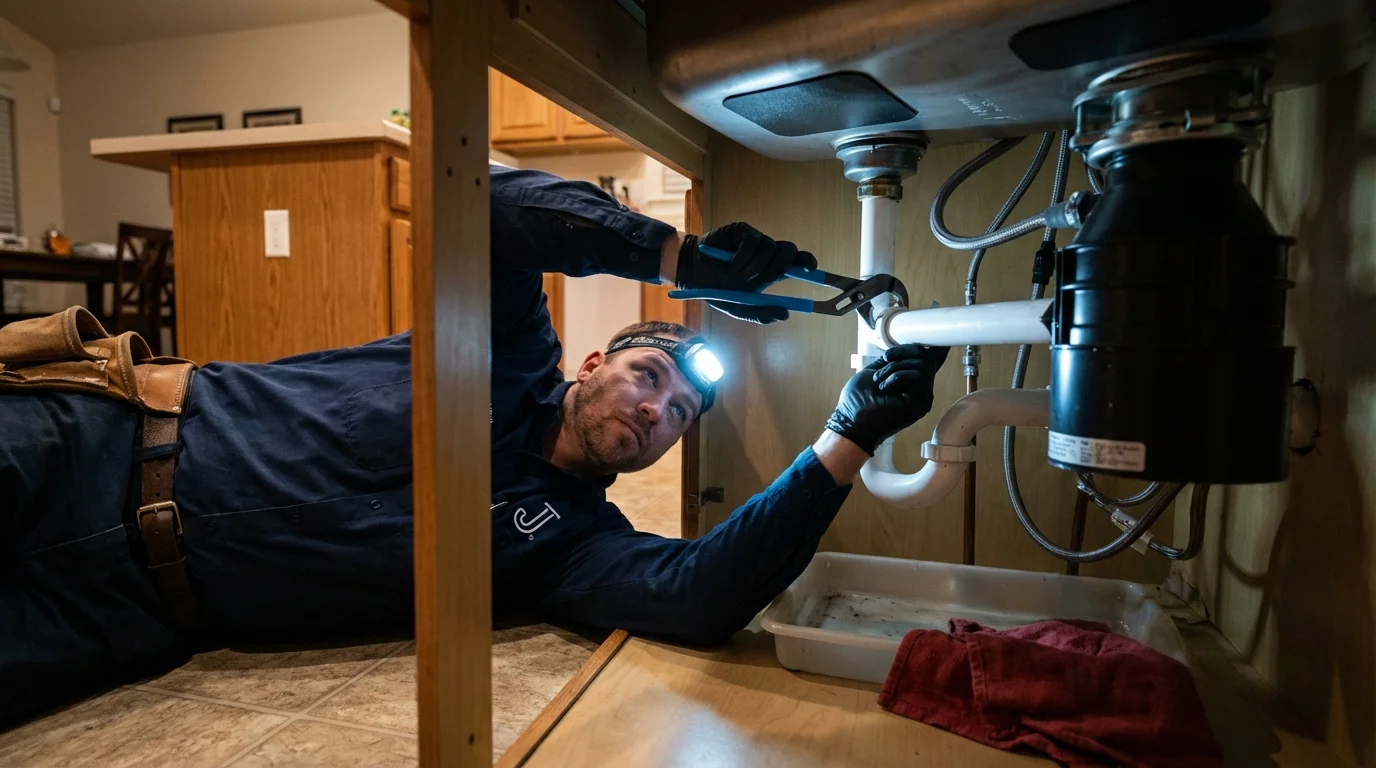 P-trap and supply line connections under a kitchen sink showing a common leak point in Roanoke, VA